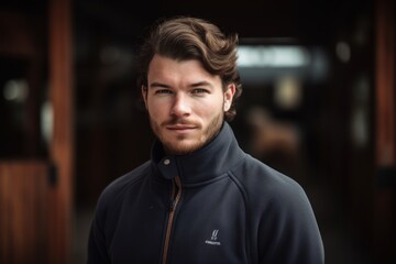 Fototapeta premium Headshot portrait photography of a pleased man in his 20s wearing a comfortable tracksuit against an equestrian or horse background. Generative AI