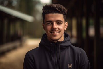 Headshot portrait photography of a pleased man in his 20s wearing a comfortable tracksuit against an equestrian or horse background. Generative AI