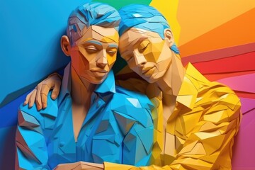 Fototapeta premium Lesbian couple hugging each other, illustration in paper art style for pride month. Generative AI