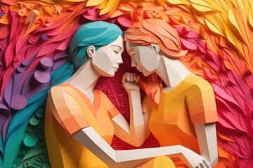 Lesbian couple hugging each other, illustration in paper art style for pride month. Generative AI