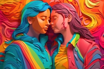 Lesbian couple hugging each other, illustration in paper art style for pride month. Generative AI - obrazy, fototapety, plakaty