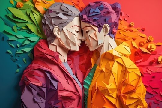 Naklejka Lesbian couple hugging each other, illustration in paper art style for pride month. Generative AI