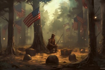 Memorial Day illustration. Design with American flags, soldiers and tombstones with generative ai