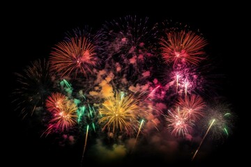 Fototapeta na wymiar Vibrant fireworks over a white background. Generative AI