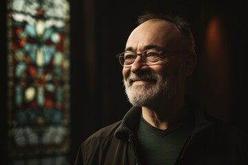 Obraz premium Portrait of a smiling senior man with glasses in the church.