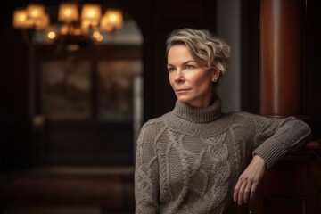 Portrait of a beautiful woman in a sweater in the interior.
