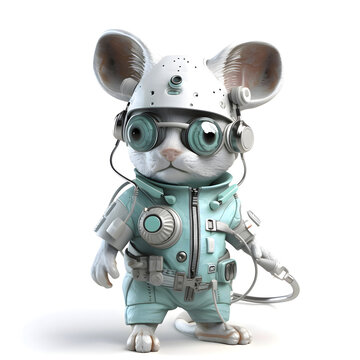 3D rendering of a cute cartoon mouse with headphones on white background