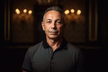 Group portrait photography of a satisfied man in his 50s wearing a sporty polo shirt against a victorian or historical interior background. Generative AI