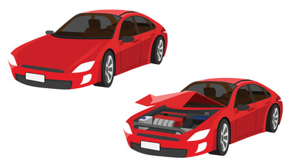 Cartoon vector or illustration isomatic. Status of the red sport car from normal car to the car was slightly damaged. Severely damaged front broken open hood. - obrazy, fototapety, plakaty