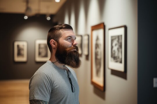 Portrait of a bearded man looking at artworks in art gallery