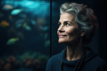 Portrait of a beautiful senior woman looking at the aquarium with fish