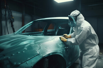  paint technician in full body protective suit painting a car in a garage, Generative AI	