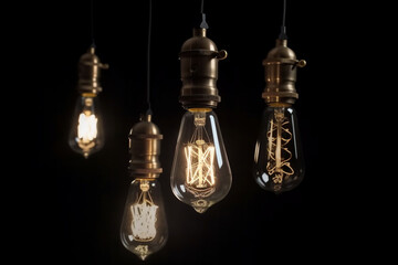 Fototapeta na wymiar Light Bulbs Hanging on Black Background, Generative AI 