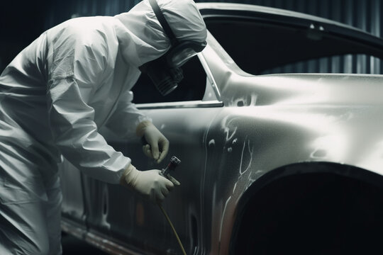 person in car Auto body repairman in protective gear spraying paint on car in spray booth, Generative AI	