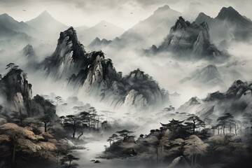 Japanese mountain sumi-e painting imitation. Generative AI