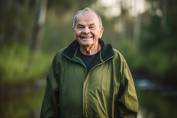 Naklejka na ściany i meble Portrait of a smiling senior man standing in the forest and looking at camera