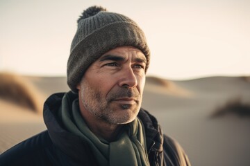 Portrait of a man in the desert, looking at camera.