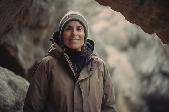 Full-length portrait photography of a grinning woman in her 40s wearing a warm parka against a rock formation or cliff background. Generative AI