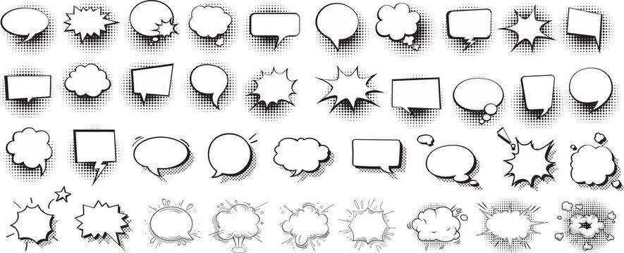 Retro empty comic speech bubbles set with black halftone shadows. Vintage design, pop art style - stock vector.