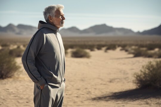 Full-length portrait photography of a satisfied man in his 60s wearing a comfortable tracksuit against a desert background. Generative AI
