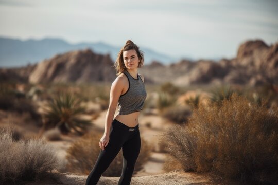 Athletic young woman in sportswear standing in the desert