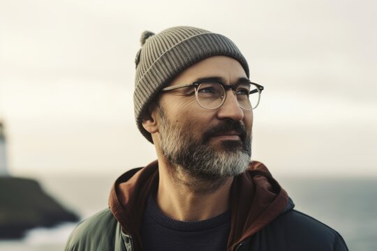 Portrait of handsome bearded hipster man in eyeglasses, hat and jacket looking away.
