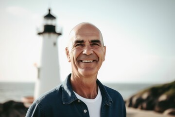 Portrait of a smiling senior man standing at the beach with a lighthouse in the background