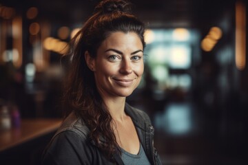 Obraz premium Portrait of smiling woman standing in bar counter at the coffee shop