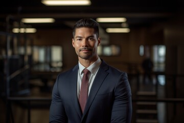 Environmental portrait photography of a satisfied man in his 30s wearing a classic blazer against a gym or fitness center background. Generative AI - obrazy, fototapety, plakaty