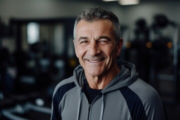 Obraz premium Portrait of smiling senior man in sportswear looking at camera in gym
