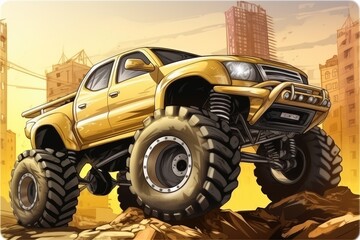 yellow monster truck driving over a rocky terrain. Generative AI