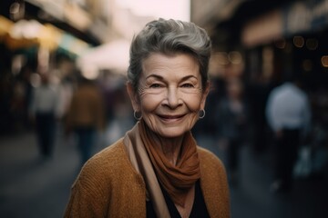 Portrait of smiling senior woman walking in the street at night.
