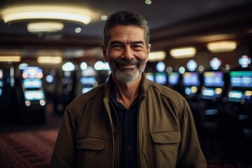 Portrait of a smiling mature man playing slot machine in casino.