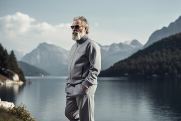 Fototapeta premium Portrait of a senior man with gray hair and beard wearing a gray suit and sunglasses standing on a lake shore.