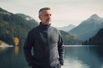 Fototapeta premium Handsome middle-aged man in sportswear standing on the shore of a mountain lake