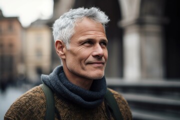 Portrait of a handsome middle-aged man with grey hair, wearing a warm woolen sweater and scarf, standing in the street.