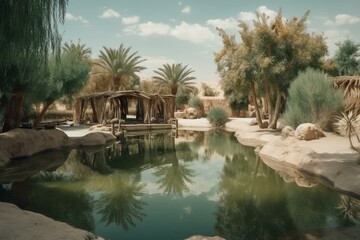 Fototapeta na wymiar A serene oasis in the desert. Generative AI