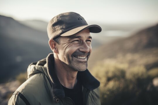 Lifestyle portrait photography of a grinning man in his 40s wearing a cool cap or hat against a bird's-eye view or aerial landscape background. Generative AI
