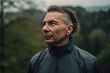 Portrait of a man in a raincoat in the forest.