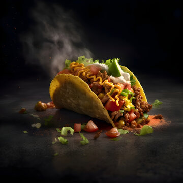 Tacos with meat and vegetables on a black background. Mexican food.