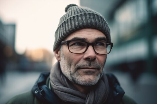 Portrait of a handsome middle-aged man wearing glasses and a hat