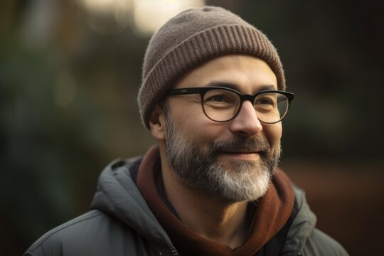 Portrait of a handsome bearded hipster man wearing glasses and a hat