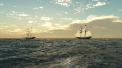 Schooners Sailing at Sea, 3d digitally rendered illustration
