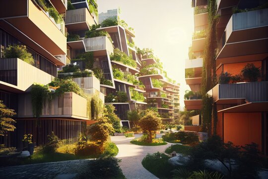 Modern apartment buildings with green plants. Real estate concept. Generative AI