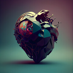 3d render, abstract polygonal heart isolated on dark background