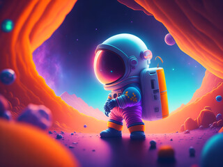 Fototapeta na wymiar Little astronaut in a cave on a planet with Generative AI