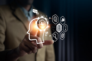 Businessman touching the brain working of Artificial Intelligence (AI) Automation, Predictive analytics, Customer service AI-powered chatbot, analyze customer data, business and technology