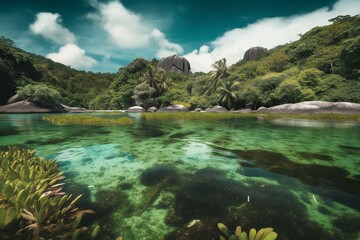Fototapeta na wymiar Tropical lake on La Digue island in Seychelles. Generative AI