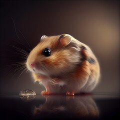 Hamster on a dark background with a glass ball in its mouth