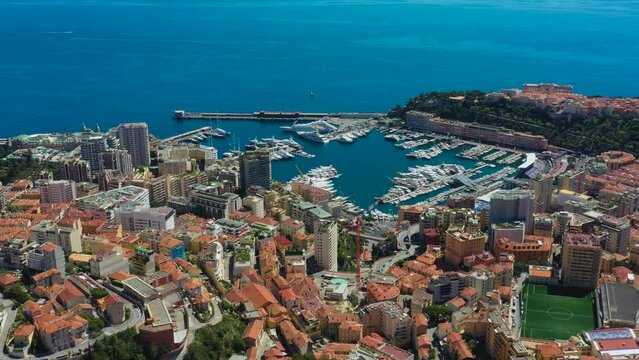 Aerial view of Monaco, Monte Carlo. French Riviera. France. Majestic cityscape skyline of Monaco's mediterranean coastline